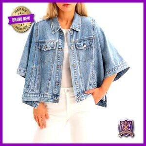 Oversized Cropped Denim Jacket Cape Design Short Sleeve Cotton Casual Chic